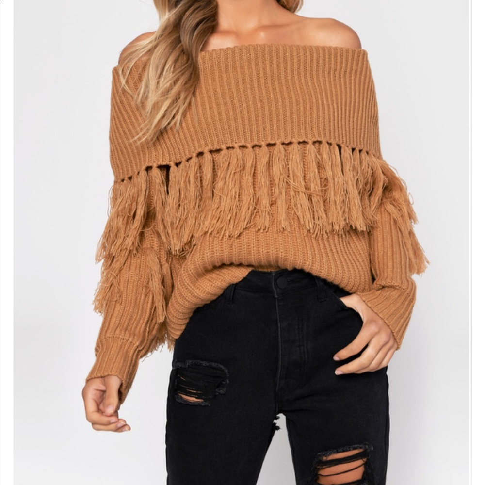 Lucca Couture| Fringe Off-Shoulder Sweater